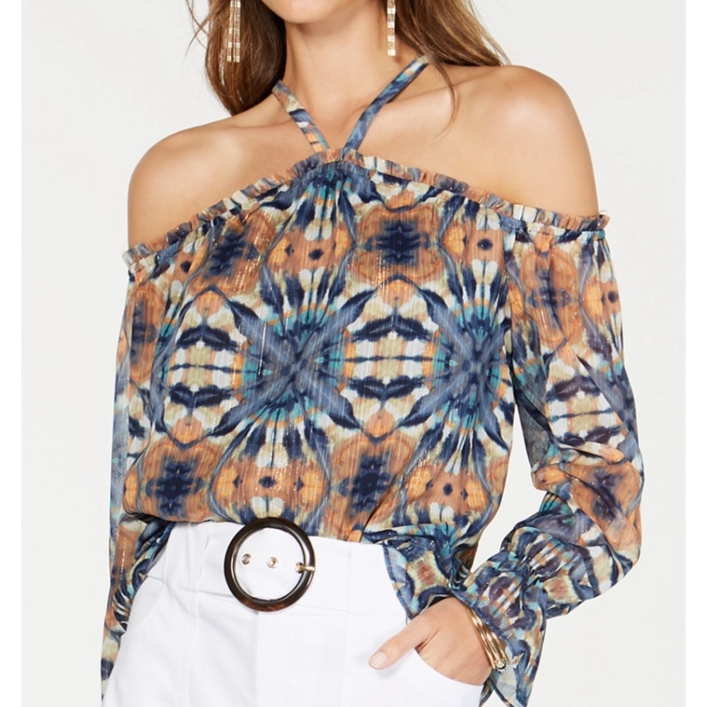 Ink tie-dyed cold shoulder blouse